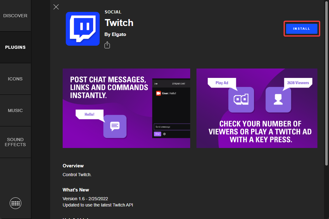 The Twitch plugin page with the install button highlighted